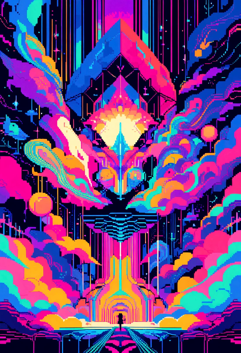 (best quality,4k,8k,highres,masterpiece:1.2),pixel art,retro style,abstract,sharp lines,vibrant colors,unique textures,medium:digital,limited color palette,blocky shapes,detailed structures,surreal elements,imagination unleashed,playful characters,strong contrast,precise placement,symmetric composition,immersive environment,futuristic technology,stylized details,highly pixelated,striking visuals,crisp edges,artistic interpretation,expression of creativity,digital medium magic,dynamic perspective,artful pixelation,unexpected color combinations,smooth transitions,precise pixel placement,exquisite attention to detail,stylized lighting effects,atmospheric ambiance,visual storytelling,engaging world-building,parallel universe exploration,retro gaming nostalgia,playful atmosphere,mind-bending illusions,otherworldly landscapes,unconventional art form,unique artistic vision.