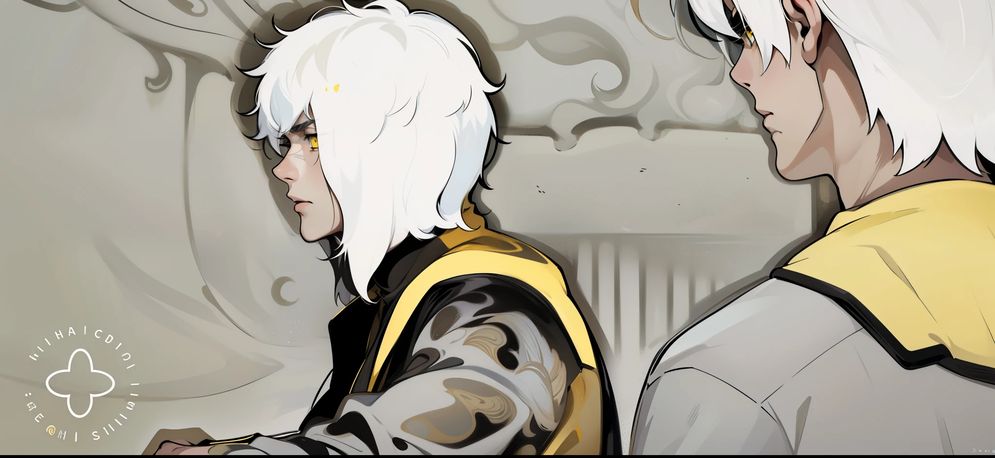 He is talking about 28 years old, white hair and yellow eyes. They are talking, worried, thoughtful, wearing black and yellow clothes.