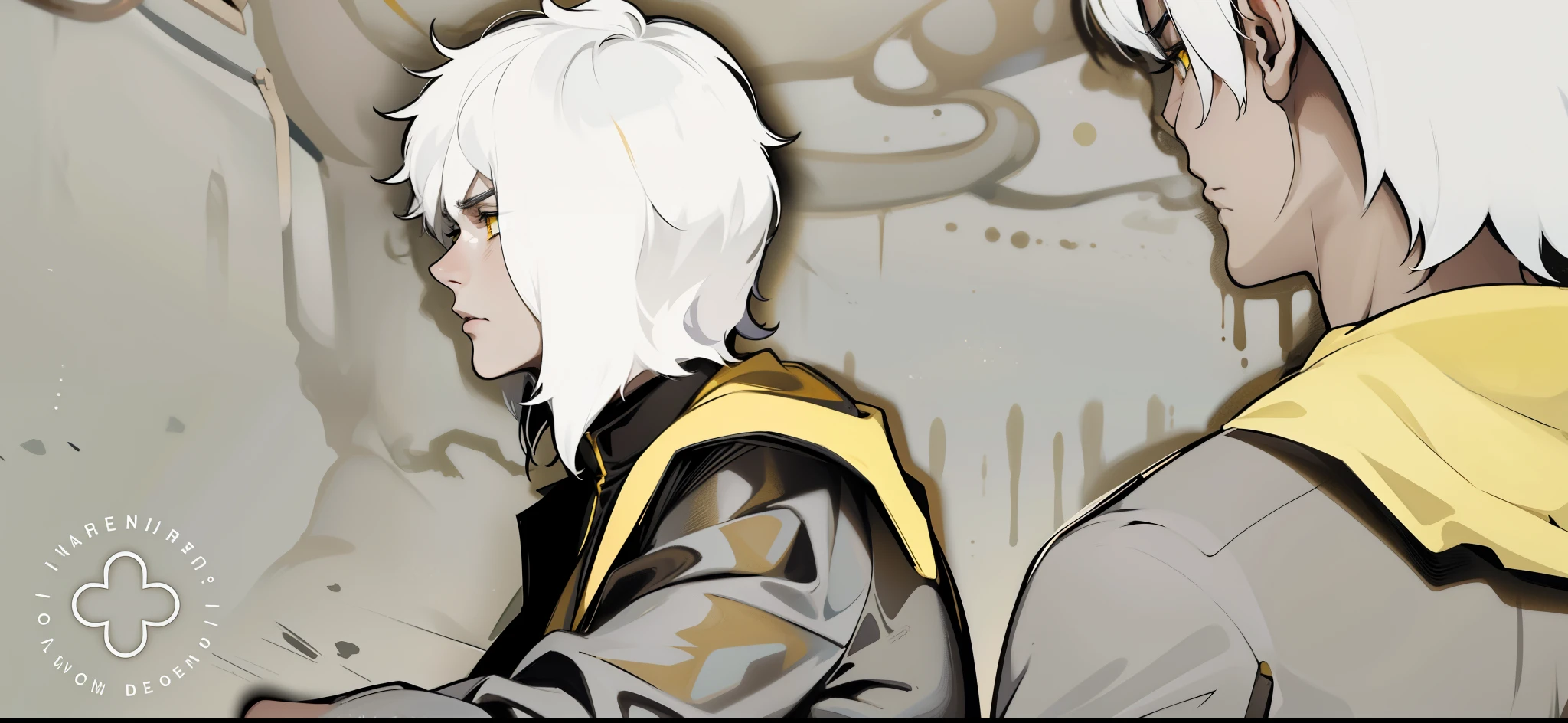 He is talking about 28 years old, white hair and yellow eyes. They are talking, worried, thoughtful, wearing black and yellow clothes.