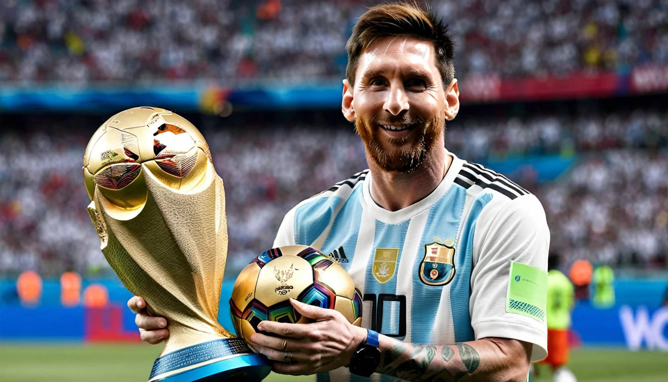 araffes a man holding a trophy and a soccer ball, messi, lionel messi, the best ever, 😃😀😄☺🙃😉😗, 🌻🎹🎼, at the world cup, 🚿🗝📝, 2023, 2 0 2 3, lionel messi portrait, 2024, argentina, 2 0 2 4