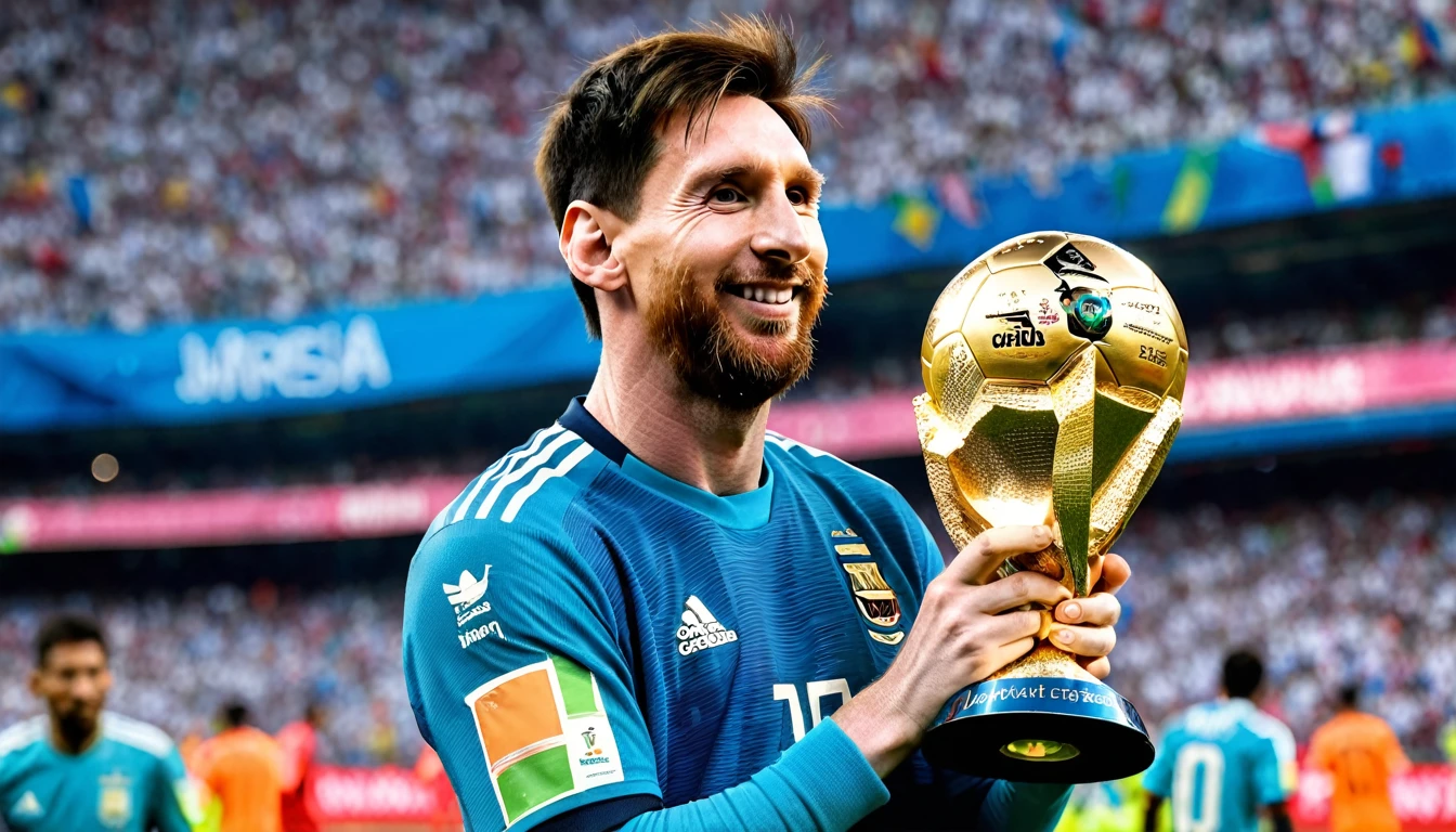 araffes a man holding a trophy and a soccer ball, messi, lionel messi, the best ever, 😃😀😄☺🙃😉😗, 🌻🎹🎼, at the world cup, 🚿🗝📝, 2023, 2 0 2 3, lionel messi portrait, 2024, argentina, 2 0 2 4