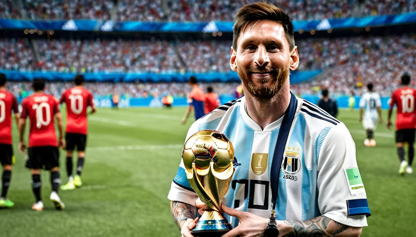 araffes a man holding a trophy and a soccer ball, messi, lionel messi, the best ever, 😃😀😄☺🙃😉😗, 🌻🎹🎼, at the world cup, 🚿🗝📝, 2023, 2 0 2 3, lionel messi portrait, 2024, argentina, 2 0 2 4