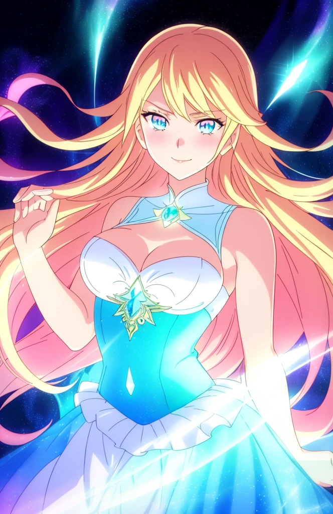 beautiful girl, puffy tiered ballgown, vibrant pastel colors,20s,madure female,smile,angry,closed mouth,white dress,cleavage,sleeveless,((glowing blonde long hair)), magical lights, sparkling magical liquid, inspired by Glen Keane, inspired by Lois van Baarle, disney art style, by Lois van Baarle, glowing aura around her, by Glen Keane, jen bartel, glowing lights! digital painting, flowing glowing hair, glowing flowing hair, beautiful digital illustration, fantasia background, whimsical, magical, fantasy, ((beautiful face)), ((masterpiece, best quality)), intricate details, highly detailed, sharp focus, 8k resolution, sparkling detailed eyes, liquid watercolor