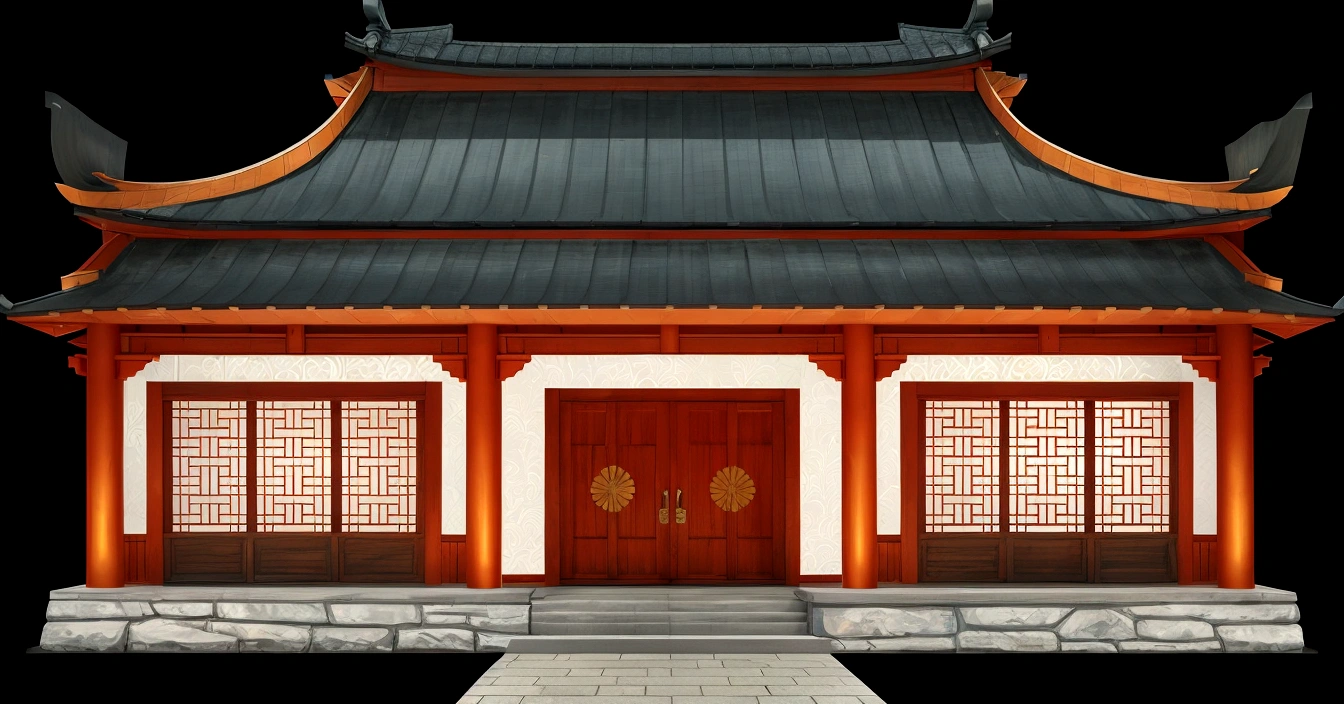 illustration of a traditional chinese building with lanterns and a bird, temple background, zen temple background, background depicting a temple, digital painting of a pagoda, japanese temple, japanese house, korean traditional palace, background art, palace background, chinese building, artwork in the style of z.w. gu, cyberpunk japanese temple, inspired by Shūbun Tenshō