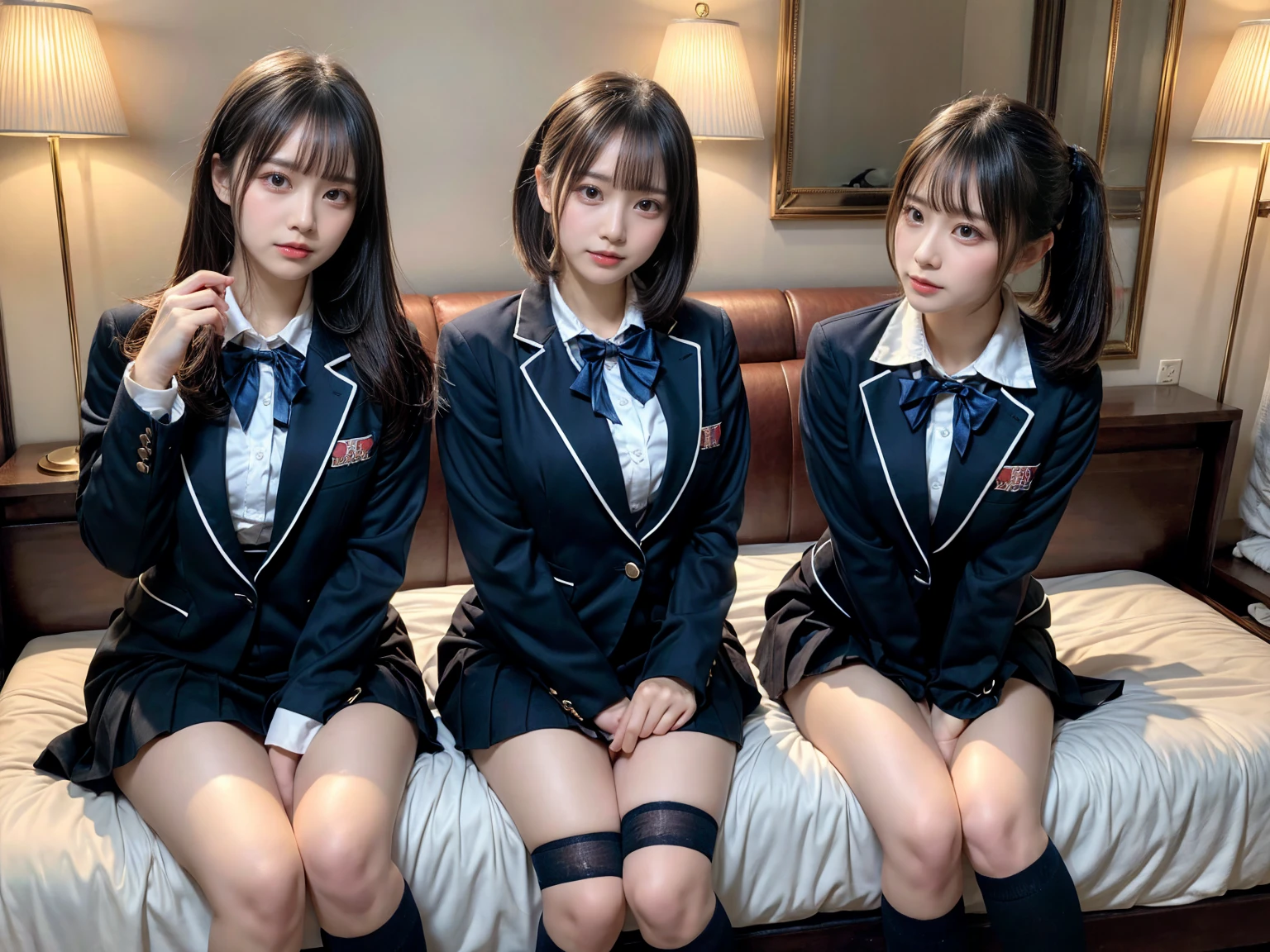 master piece, best quality, illustration, Super detailed, fine details, High resolution, 8K,wall paper, perfect dynamic composition,(Details High quality, realistic depiction of eyes:1.3), ((2 girls, 2 schoolgirls)), The background is a luxury hotel room、High school girl uniform、blazer 、Super Short Check Uniform Skirt、Navy blue high socks、garterbelts、Colossal tits、Disturbed uniform, Play with each other,Touching each other's bodies,Touching the body of the girl next door, short bob hair, black hair color, huge breasts, Big Natural Color Lip, bold sexy pose, (perfect body shape), crying a little、cold gaze, Harajuku style、Beautiful makeup,glitter makeup,Cutest 18 years old, beautiful legs, hposing Gravure Idol, Voluptuous thighs