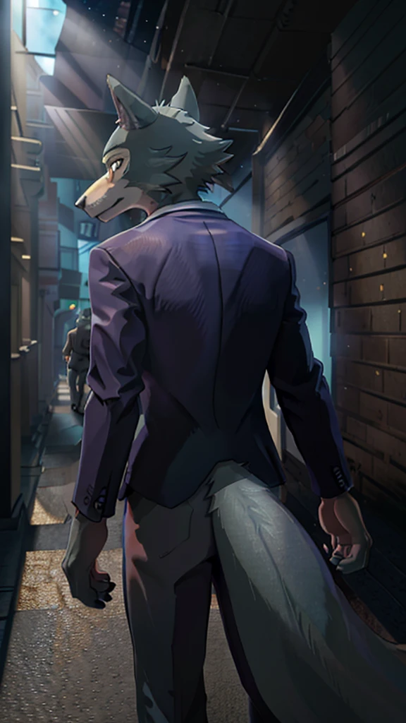 furry wolf, Anthropomorphic furry, Legoshi, Beastars, (((back view))), (((Looking back))), walking in a subtle way, full atmosphere, clear light, anime styling, good image quality, FULL HD, soft lighting.
