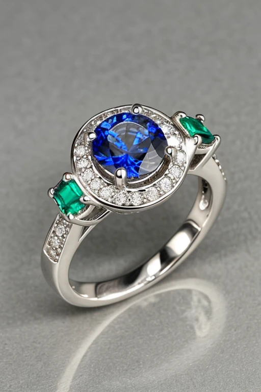 a seal ring, white gold and silver, a big diamond, sapphires, emeralds, rubies