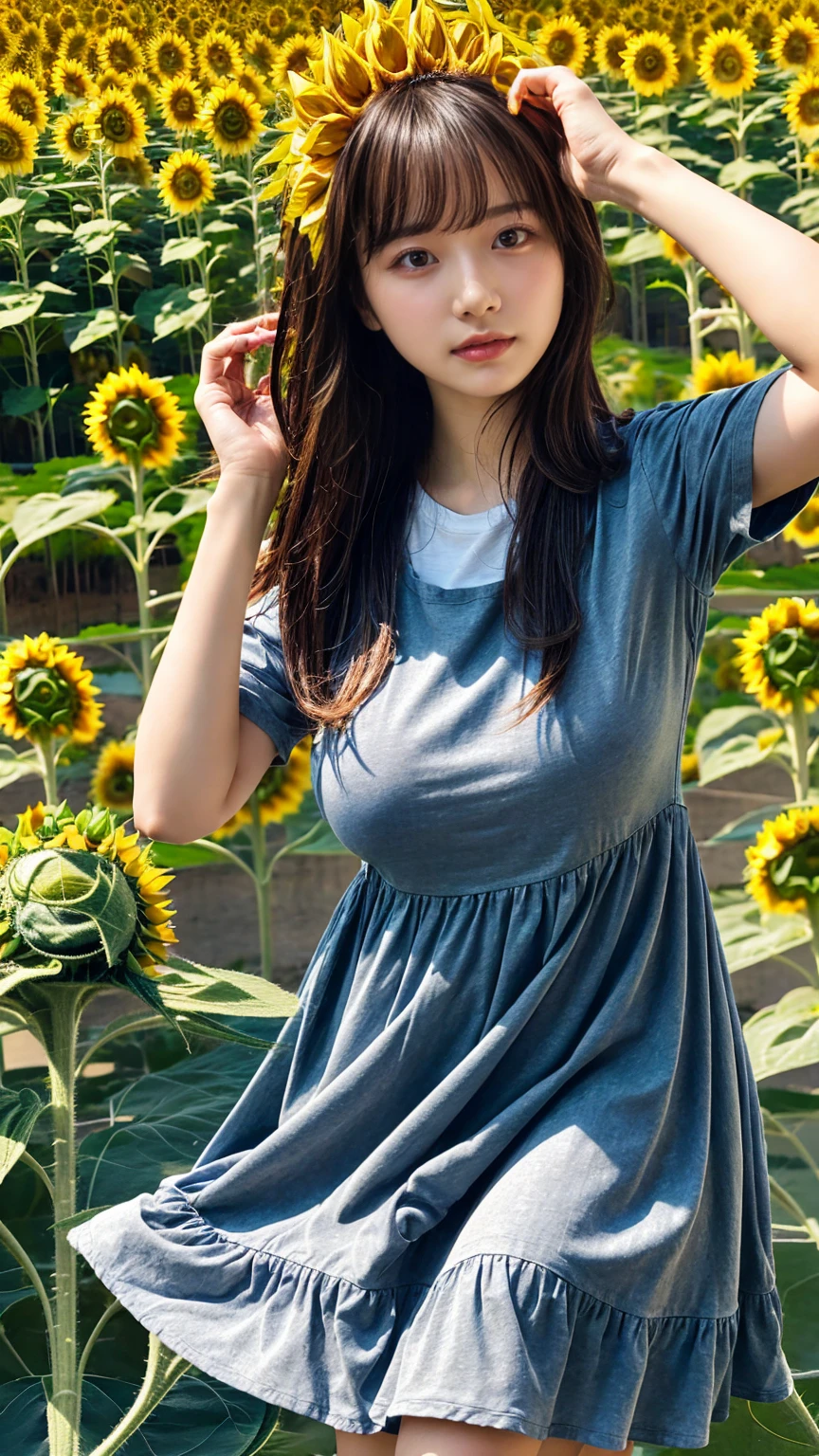 (8K, RAW Photos, Highest quality, masterpiece:1.2), (professional photography, full colors, studio-caliber color grading), (Gravure quality for high-end fashion magazines), close up, BREAK,18 year old girl, (straight hair:1.1), crying a little, Harajuku style, Big Natural Color Lip, (Plumpy body (smooth skin.1 (huge breasts  BREAK (((casual dress.3)), BREAK (Sunflower field background)、