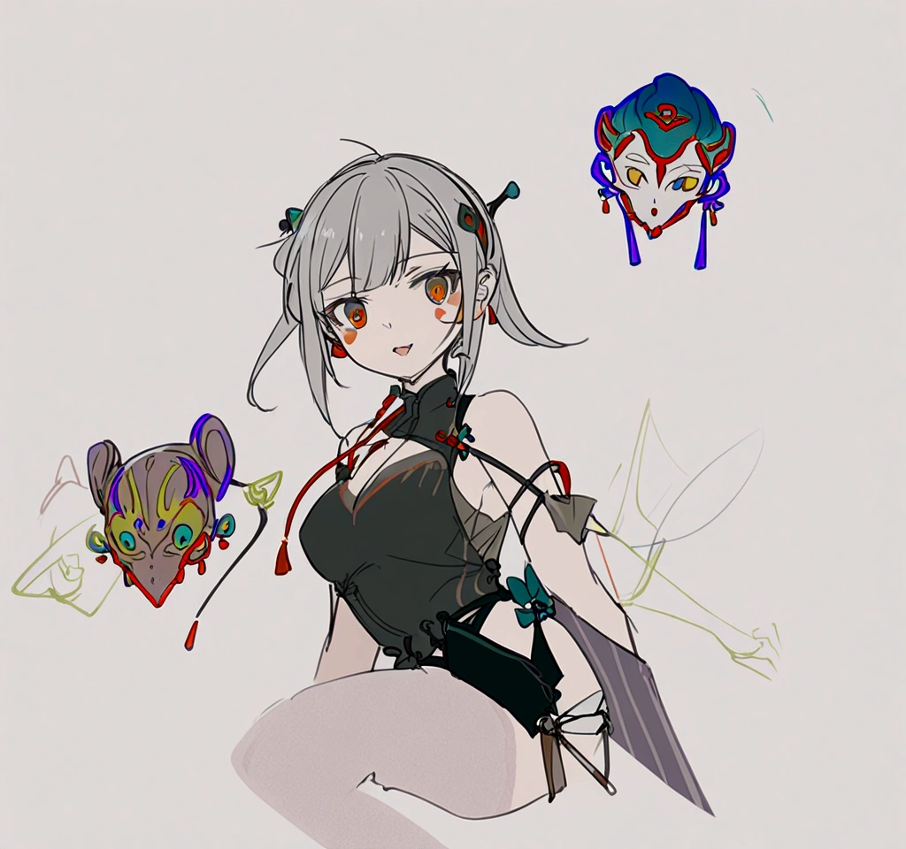 a detailed asian girl with a star-filled black cloak, white silk stockings, and a flowing chinese-style dress, holding a mask with KP and Dice symbols, long gray-white hair, black ink-like eyes, chinese red rope accents, standing in a minimalist sketch-like background