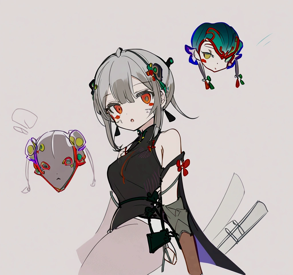 a detailed asian girl with a star-filled black cloak, white silk stockings, and a flowing chinese-style dress, holding a mask with KP and Dice symbols, long gray-white hair, black ink-like eyes, chinese red rope accents, standing in a minimalist sketch-like background