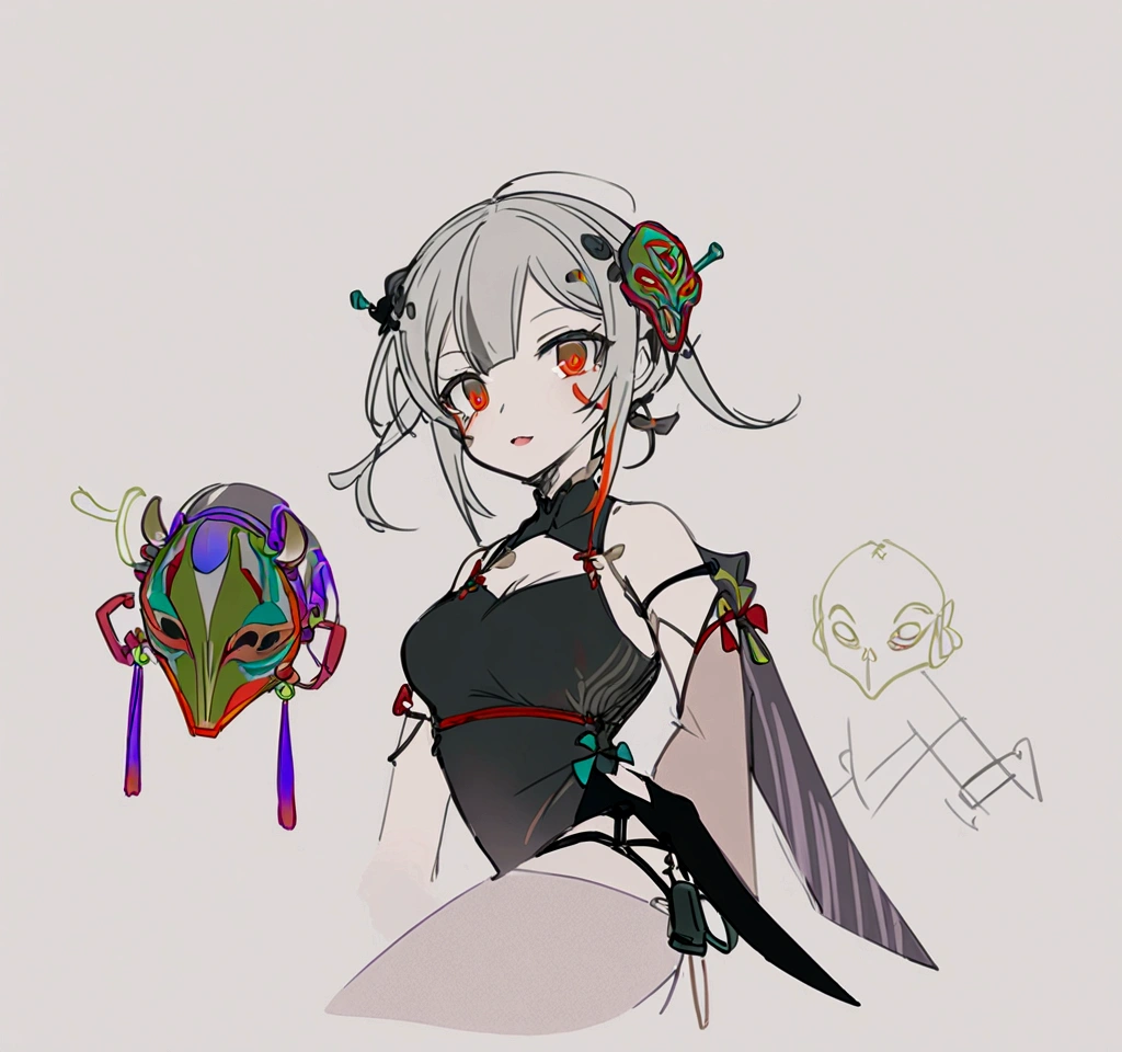 a detailed asian girl with a star-filled black cloak, white silk stockings, and a flowing chinese-style dress, holding a mask with KP and Dice symbols, long gray-white hair, black ink-like eyes, chinese red rope accents, standing in a minimalist sketch-like background