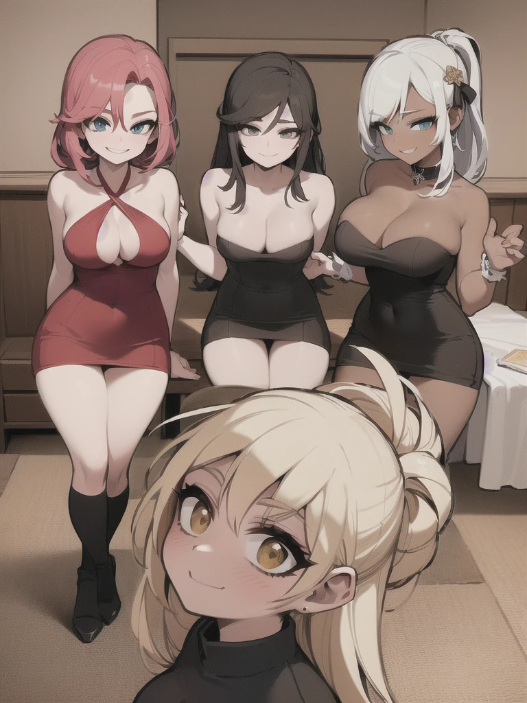 six sexy women who are wives of boy, looking at camera, seductive smiles, portrait, various hair