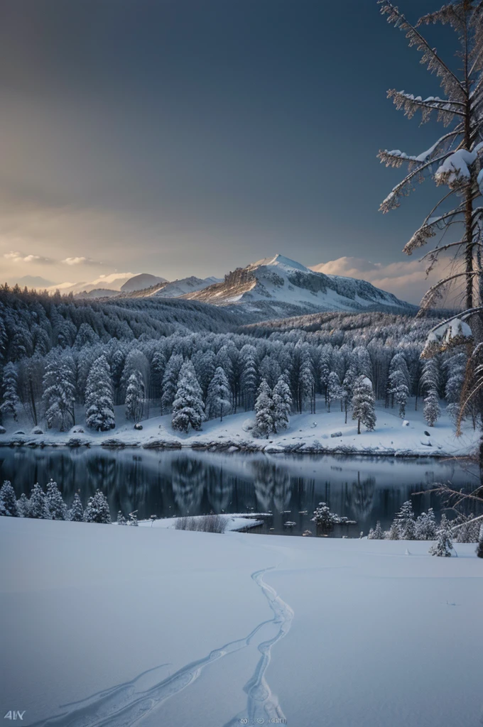 a snowy winter landscape in siberia, snow covered pines, frozen lake, beautiful detailed sky, dramatic lighting, highly detailed, (best quality,4k,8k,highres,masterpiece:1.2),ultra-detailed,(realistic,photorealistic,photo-realistic:1.37),stunning scenery, soft lighting, atmospheric, cinematic composition, muted color palette, cold tones
