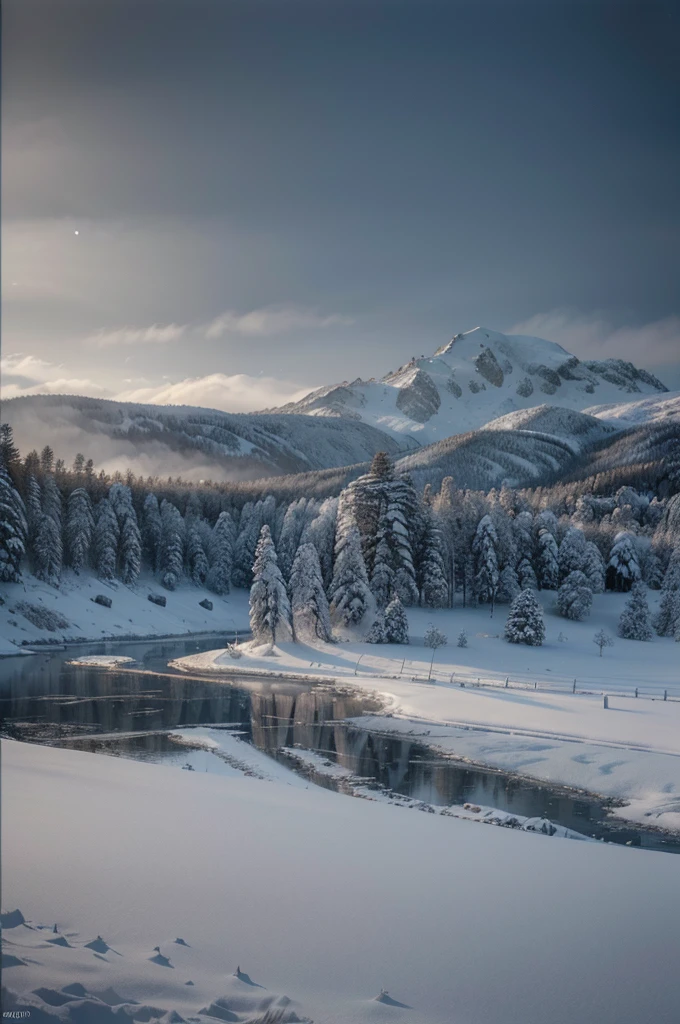 a snowy winter landscape in siberia, snow covered pines, frozen lake, beautiful detailed sky, dramatic lighting, highly detailed, (best quality,4k,8k,highres,masterpiece:1.2),ultra-detailed,(realistic,photorealistic,photo-realistic:1.37),stunning scenery, soft lighting, atmospheric, cinematic composition, muted color palette, cold tones