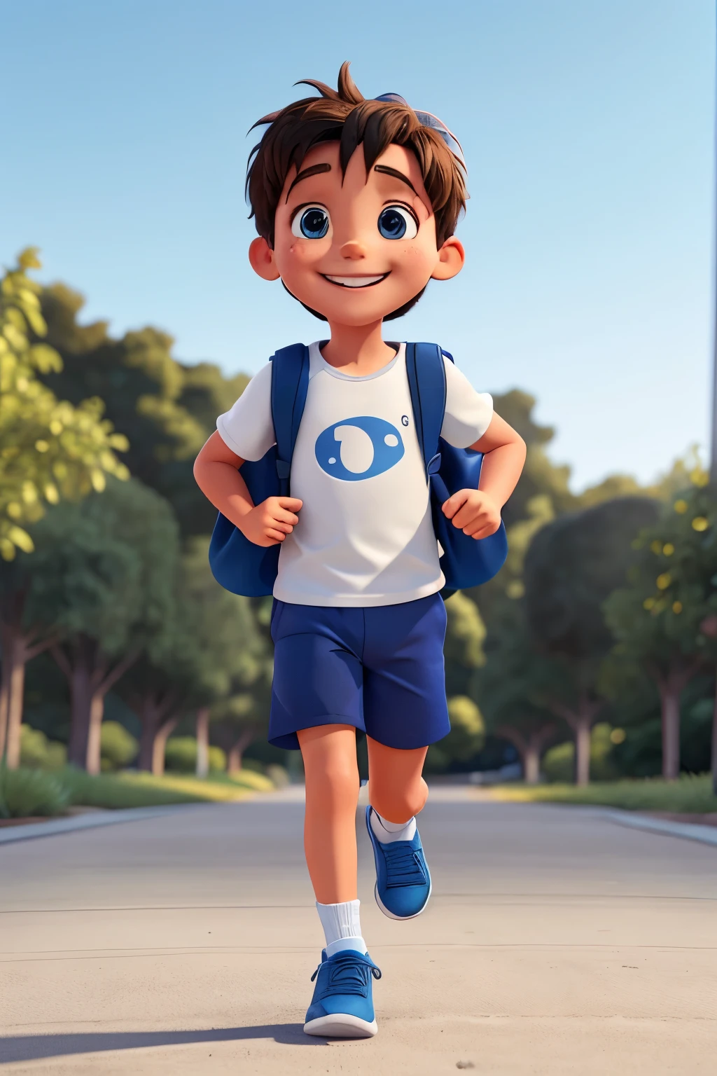four year old running FAST, smiling in blue shorts , white shirt, black sneakers and WITH BACKPACK ON THE BACK
