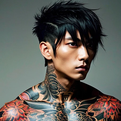 1 Mann, Japanese man, masculine, Asian eyes, muscular, broad shoulders, Yakuza-Tattoos, Visual Kei style hairstyle, Hair Visual Kei, black men&#39;s shirt and black trousers, Ultra-detailed face, hyper-realistic, realistic representation, Long hair, Long hair, 40 years old, Age 40 years, blond, blond hair