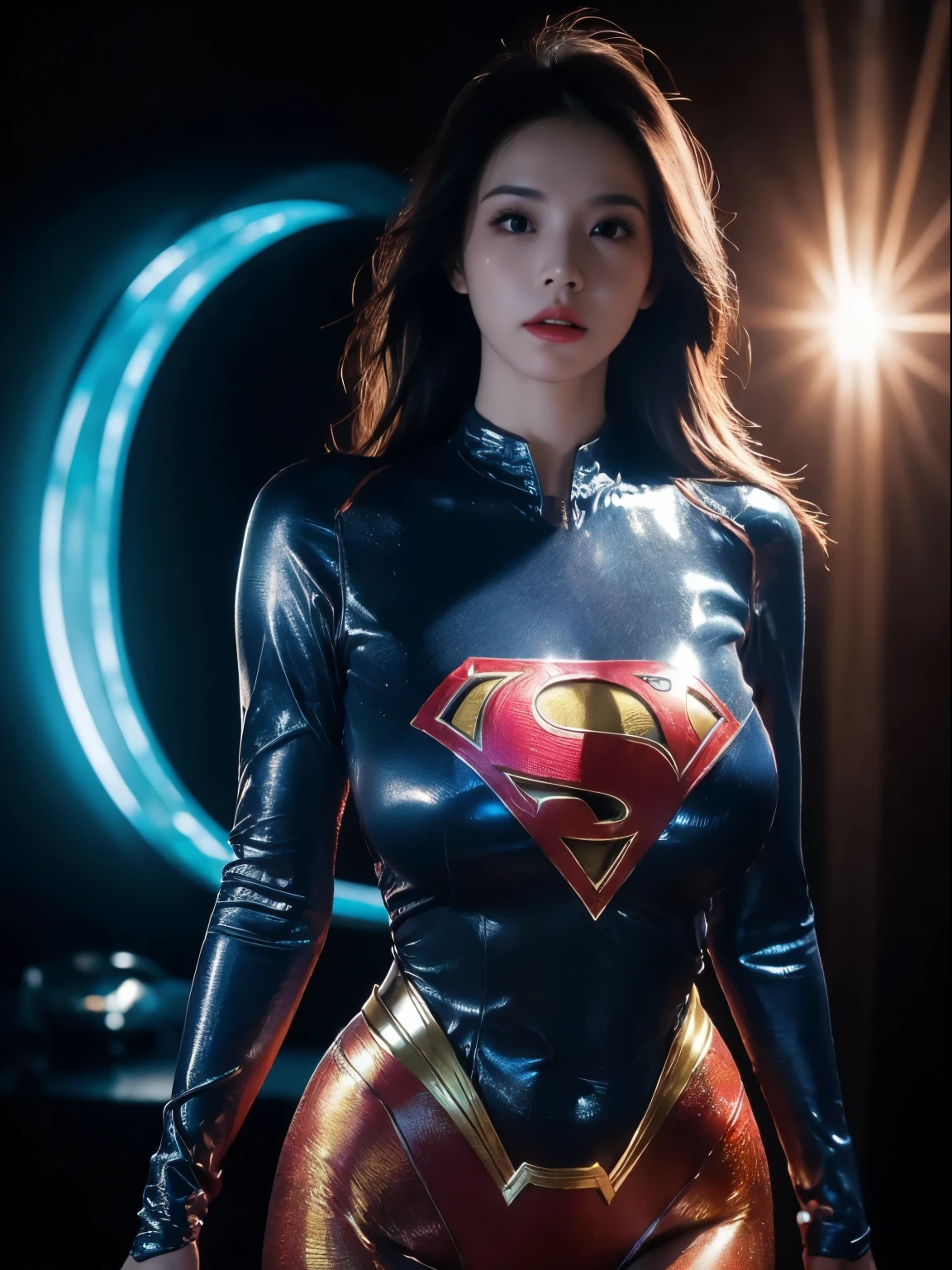 a close up of a asia woman in a superman costume standing on a cityscape, amouranth as a super villain, super photo realistic, realistic cosplay, super photo-realistic, ultra mega super hyper realistic, super-hero girl, super realistic photo, superhero body, highly detailed giantess shot, supergirl, superhero, superhero portrait, super model, super hero, super photorealistic, gigantic breasts, showing Vulvas muscular body, sexy body,