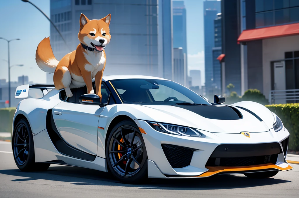 A cute shiba driving a hyper car