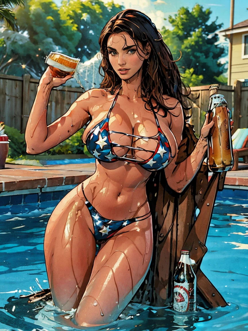 Gorgeous and sultry busty athletic, toned, (thin) brunette smiling with sharp facial features and (wet hair) and (big , long legs) wearing a star-spangled bikini, Americana, swimming pool, holding a beer bottle, Fourth of July