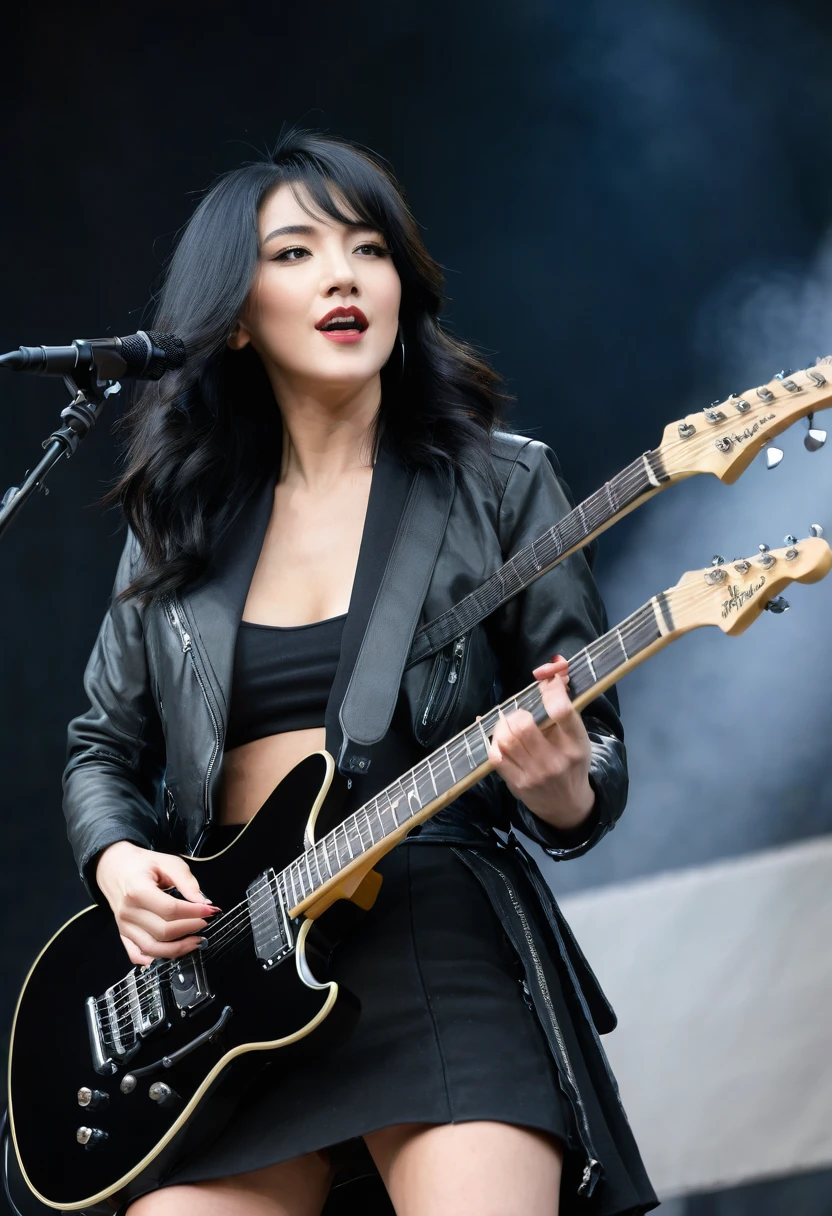 A beauty woman with black hair and black jacket playing a black electric guitar on stage