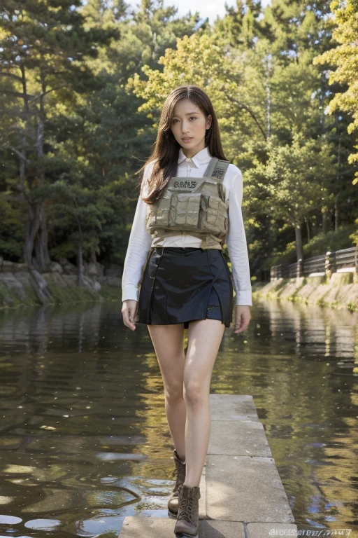 best quality,Ultra-high resolution,1 Girl,Solitary,Full body portrait,Snow,City,, Long blond hair,Delicate eyes,Camouflage vest,Huge breasts,Camouflage miniskirt,Long legs,Japanese female soldiers,Highly detailed camouflage military uniforms,Camouflage miniskirt