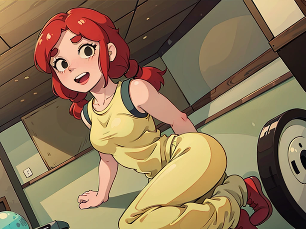 jbrawl, black eyes, happy, twintails, red hair, red twintails hair, low twintails, happy, white t-shirt, sleeveless t-shirt, t-shirt connected to trackpants, yellow colored trackpants, trackpants,  short trackpants, bondage, tied up, hand tied up behind back, in the house, wooden house, indoor, knell, knelling on the floor, knelling pose,