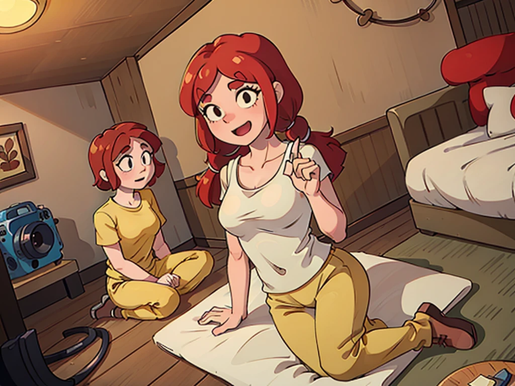 jbrawl, black eyes, happy, twintails, red hair, red twintails hair, low twintails, happy, white t-shirt, sleeveless t-shirt, t-shirt connected to trackpants, yellow colored trackpants, trackpants,  short trackpants, bondage, tied up, hand tied up behind back, in the house, wooden house, indoor, knell, knelling on the floor, knelling pose,