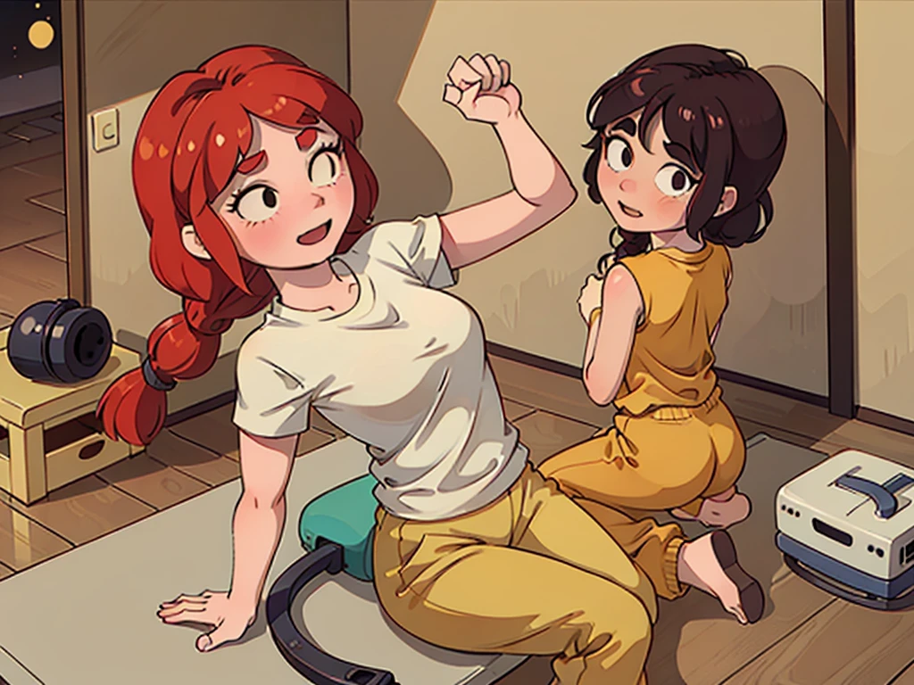 jbrawl, black eyes, happy, twintails, red hair, red twintails hair, low twintails, happy, white t-shirt, sleeveless t-shirt, t-shirt connected to trackpants, yellow colored trackpants, trackpants,  short trackpants, bondage, tied up, hand tied up behind back, in the house, wooden house, indoor, knell, knelling on the floor, knelling pose,