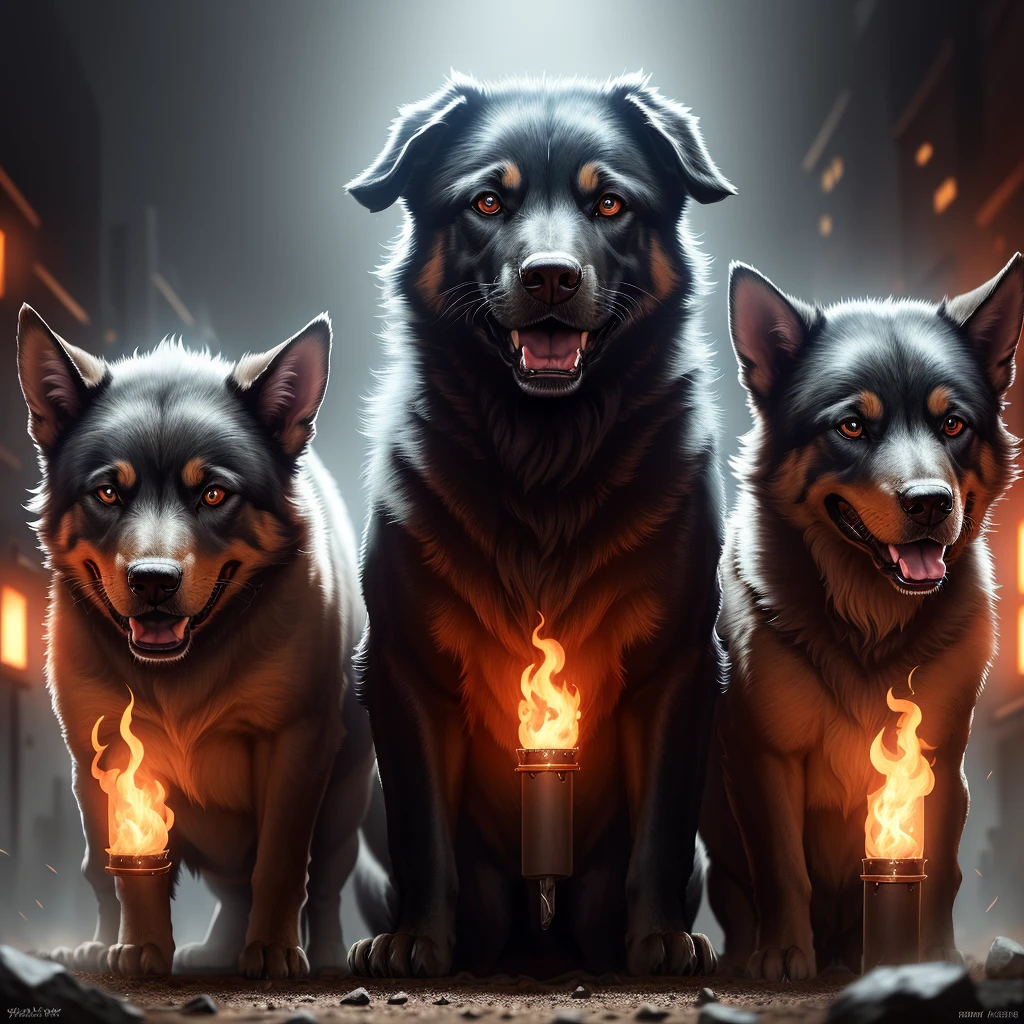 a three-headed hellhound, detailed dog heads, sharp teeth, fierce hellish dog, hellfire, deadly gaze, greek mythology, best quality, 4k, 8k, highres, masterpiece:1.2, ultra-detailed, realistic, photorealistic, photo-realistic:1.37, HDR, UHD, studio lighting, ultra-fine painting, sharp focus, physically-based rendering, extreme detail description, professional, vivid colors, bokeh, dark atmosphere, dramatic lighting, cinematic, moody