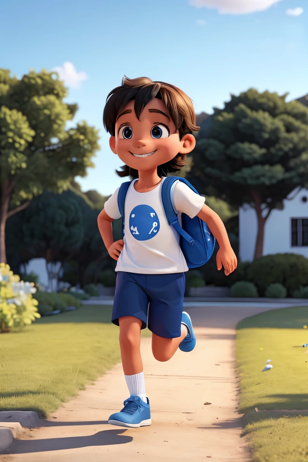 four year old running FAST, smiling in blue shorts , white shirt, black sneakers and WITH BACKPACK ON THE BACK
