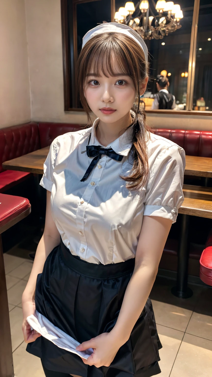 (8K, RAW Photos, Highest quality, masterpiece:1.2), (professional photography, full colors, studio-caliber color grading), (Gravure quality for high-end fashion magazines), close up, BREAK,18 year old girl,(perfect long ponytail:1.1), crying a little, Harajuku style, Big Natural Color Lip, (Plumpy body:1.2 (smooth skin:1.1 (huge breasts:1.2 (expresses the roundness and softness of the chest area..:1.1 BREAK (waitress uniform, restaurant)