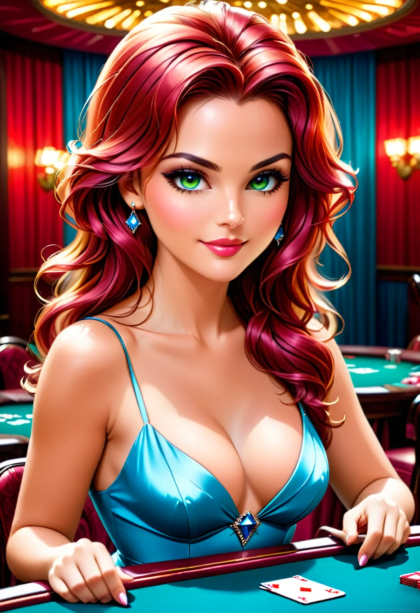 Arafed a picture of a female angel playing poker at gambling table, she sits near the table holding some cards, exquisite beautiful female, ultra detailed face, (best detailed face: 1.3), dynamic eye color, dynamic hair color, dynamic hair style,, wearing elegant evening dress, wings spread behind her, gambling table at a casino background, vibrant, Ultra-high resolution, High Contrast, masterpiece:1.2, highest quality, Best aesthetics), best details, best quality, highres, ultra wide angle, 16k, [ultra detailed], masterpiece, best quality, (extremely detailed),