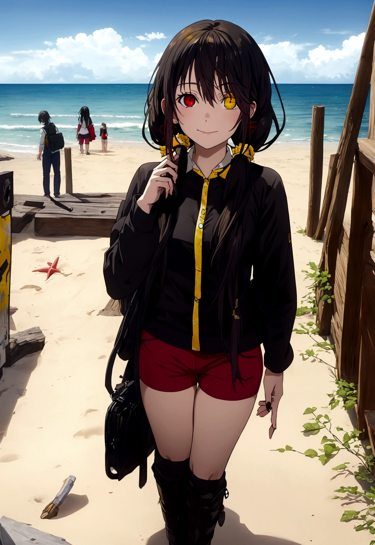 ultra-detailed,highly detailed,best quality,masterpiece,illustration,realistic, photo,photorealistic,
1girl, tokisaki kurumi,cosplay,hair over one eye, ((right red eye, left yellow eye)), looking at viewer, happy girl,low twintails,
, (hotpants) , hair rings,
Outdoors, walking, (beach) 
