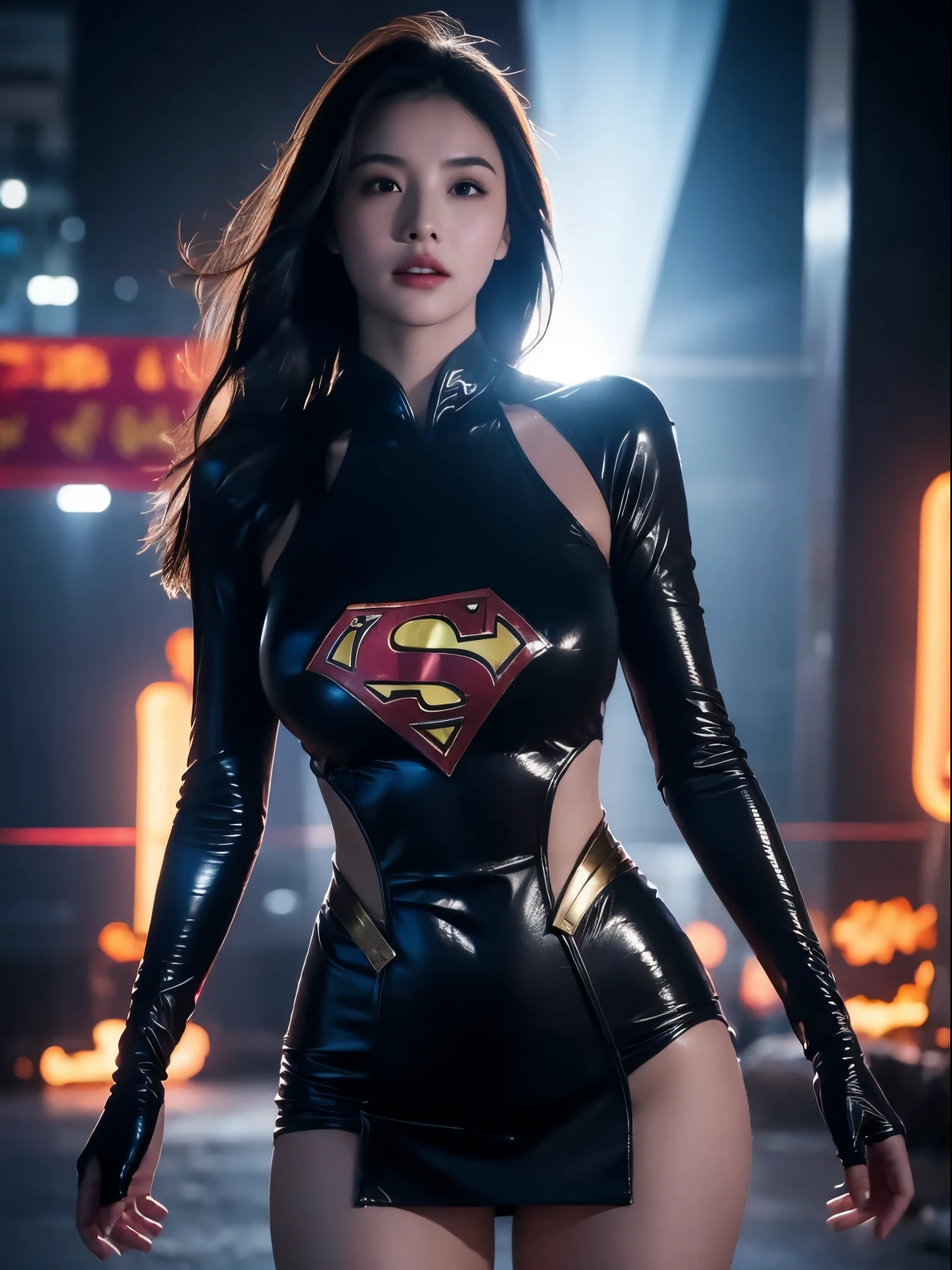 a close up of a asia woman in a superman costume standing on a cityscape, amouranth as a super villain, super photo realistic, realistic cosplay, super photo-realistic, ultra mega super hyper realistic, super-hero girl, super realistic photo, superhero body, highly detailed giantess shot, supergirl, superhero, superhero portrait, super model, super hero, super photorealistic, gigantic breasts, showing Vulvas muscular body, sexy body,