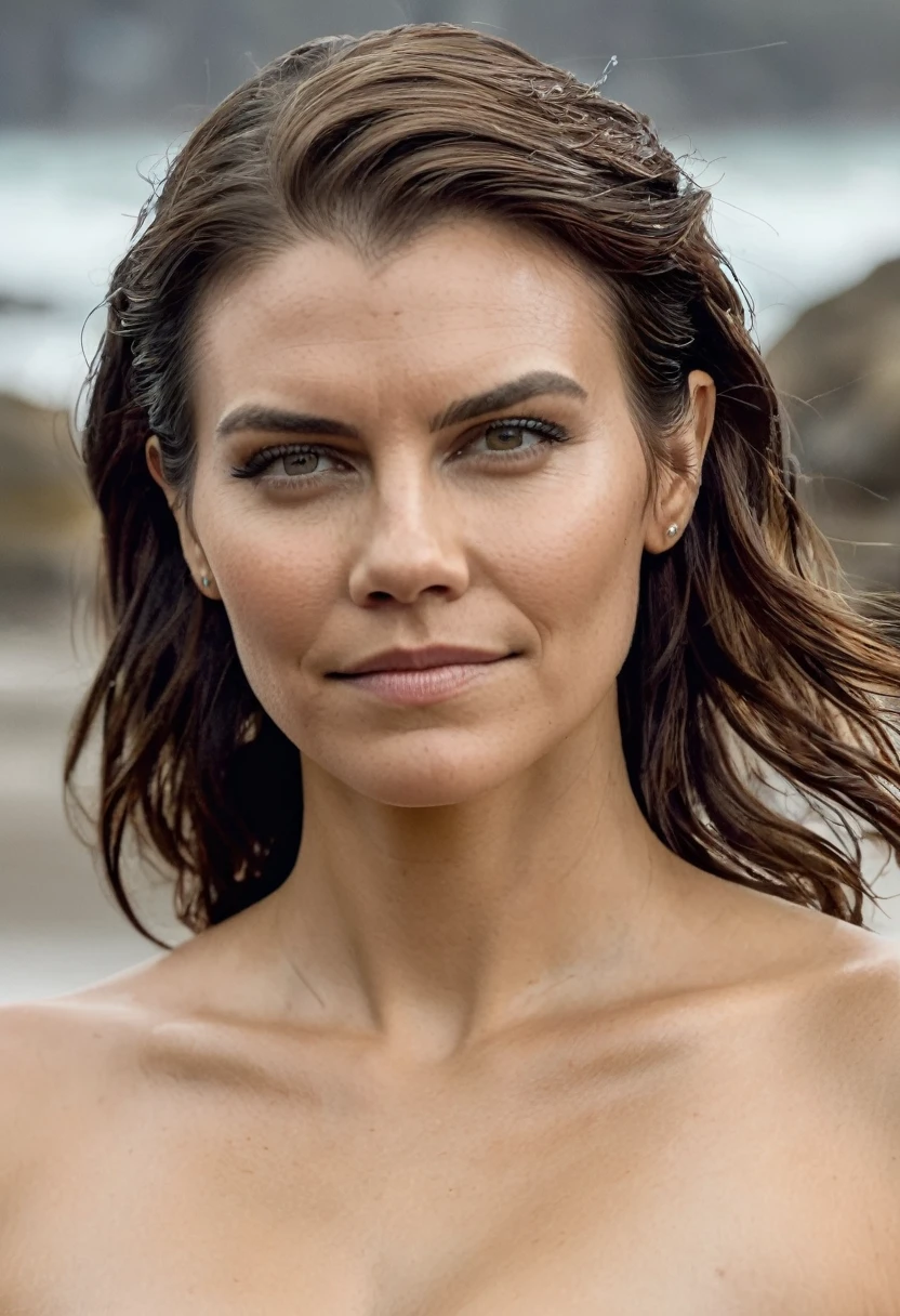 high quality Erotic shot , ( lauren_cohan , sensual detailed ultra realistic skin texture ) celebrity erotic photograph , nude, extremely long hair ,tall figure , smiling ,seductively , piny skin tone:1.4 erotic photoshoot , fit muscular figure , exhausted look, rainy, warm, sunny, shiny sweaty skin, on beach, wet hair, celebrity, female, woman, hollywood actress, fleshy muscular woman , ( natural lights, depth of field, insanely detailed skin texture, hyper detailed features )