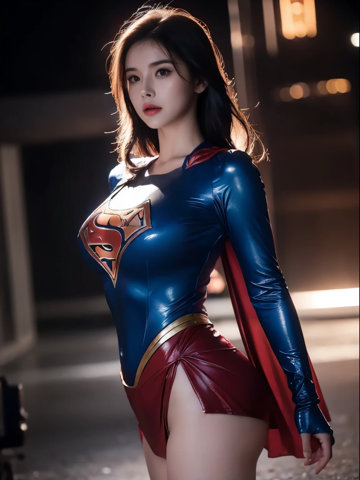 a close up of a asia woman in a superman costume standing on a cityscape, amouranth as a super villain, super photo realistic, realistic cosplay, super photo-realistic, ultra mega super hyper realistic, super-hero girl, super realistic photo, superhero body, highly detailed giantess shot, supergirl, superhero, superhero portrait, super model, super hero, super photorealistic, gigantic breasts, showing Vulvas muscular body, sexy body,