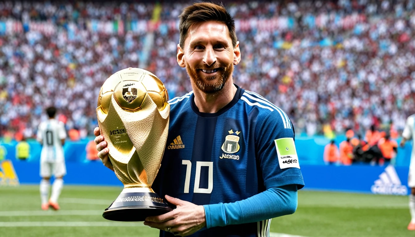 araffes a man holding a trophy and a soccer ball, messi, lionel messi, the best ever, 😃😀😄☺🙃😉😗, 🌻🎹🎼, at the world cup, 🚿🗝📝, 2023, 2 0 2 3, lionel messi portrait, 2024, argentina, 2 0 2 4