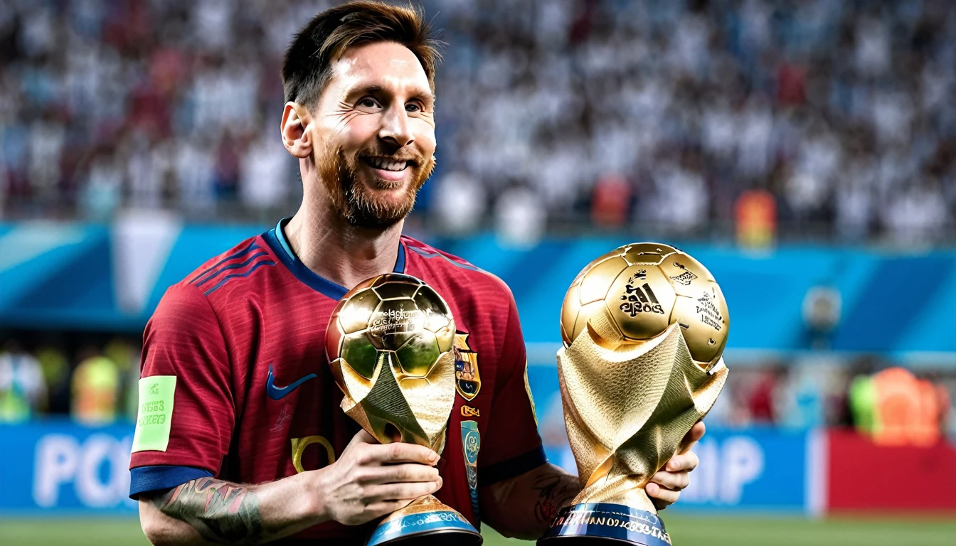 araffes a man holding a trophy and a soccer ball, messi, lionel messi, the best ever, ๐๐๐โบ๐๐๐, ๐ป๐น๐ผ, at the world cup, ๐ฟ๐๐, 2023, 2 0 2 3, lionel messi portrait, 2024, argentina, 2 0 2 4