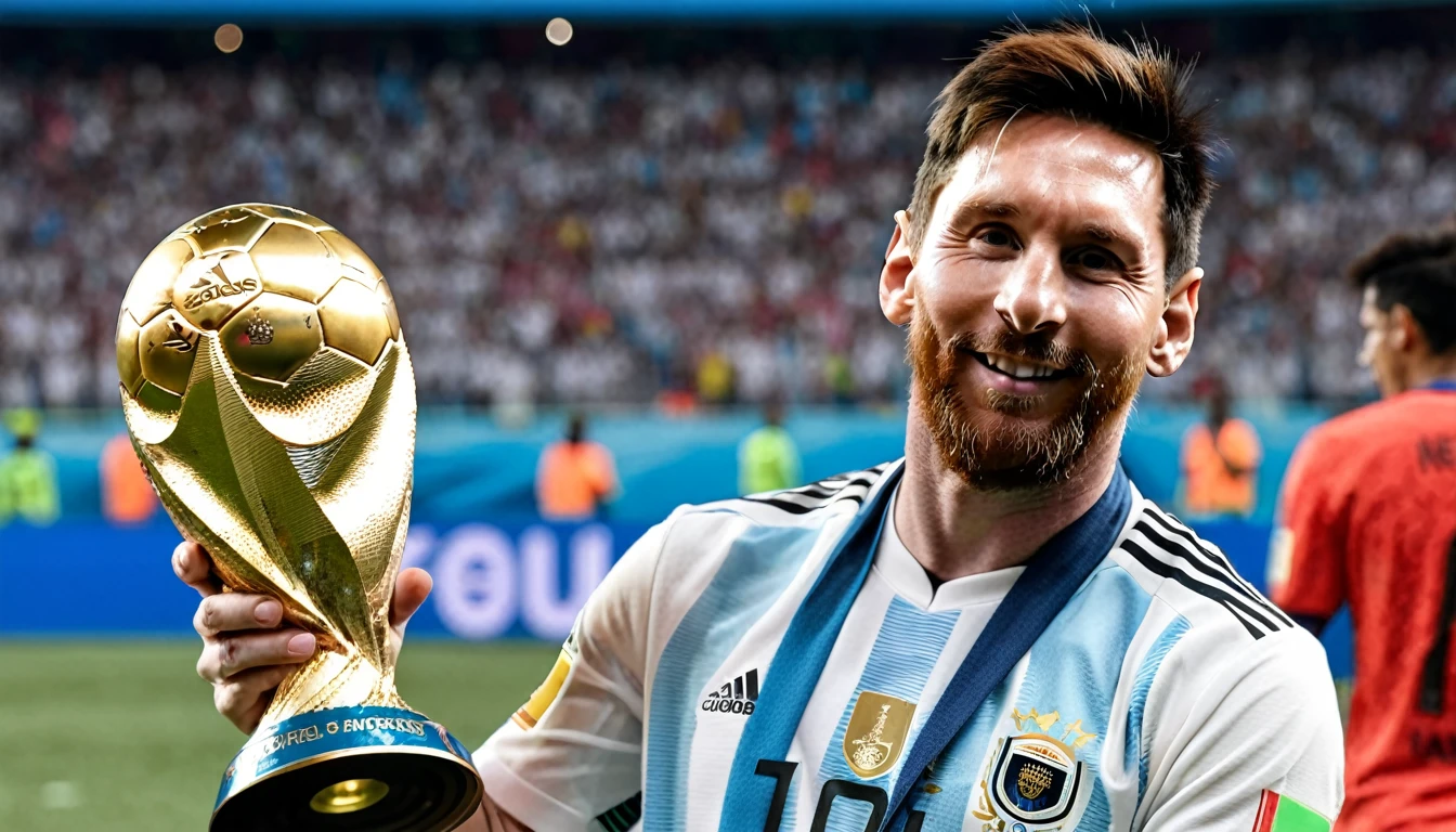 araffes a man holding a trophy and a soccer ball, messi, lionel messi, the best ever, ๐๐๐โบ๐๐๐, ๐ป๐น๐ผ, at the world cup, ๐ฟ๐๐, 2023, 2 0 2 3, lionel messi portrait, 2024, argentina, 2 0 2 4