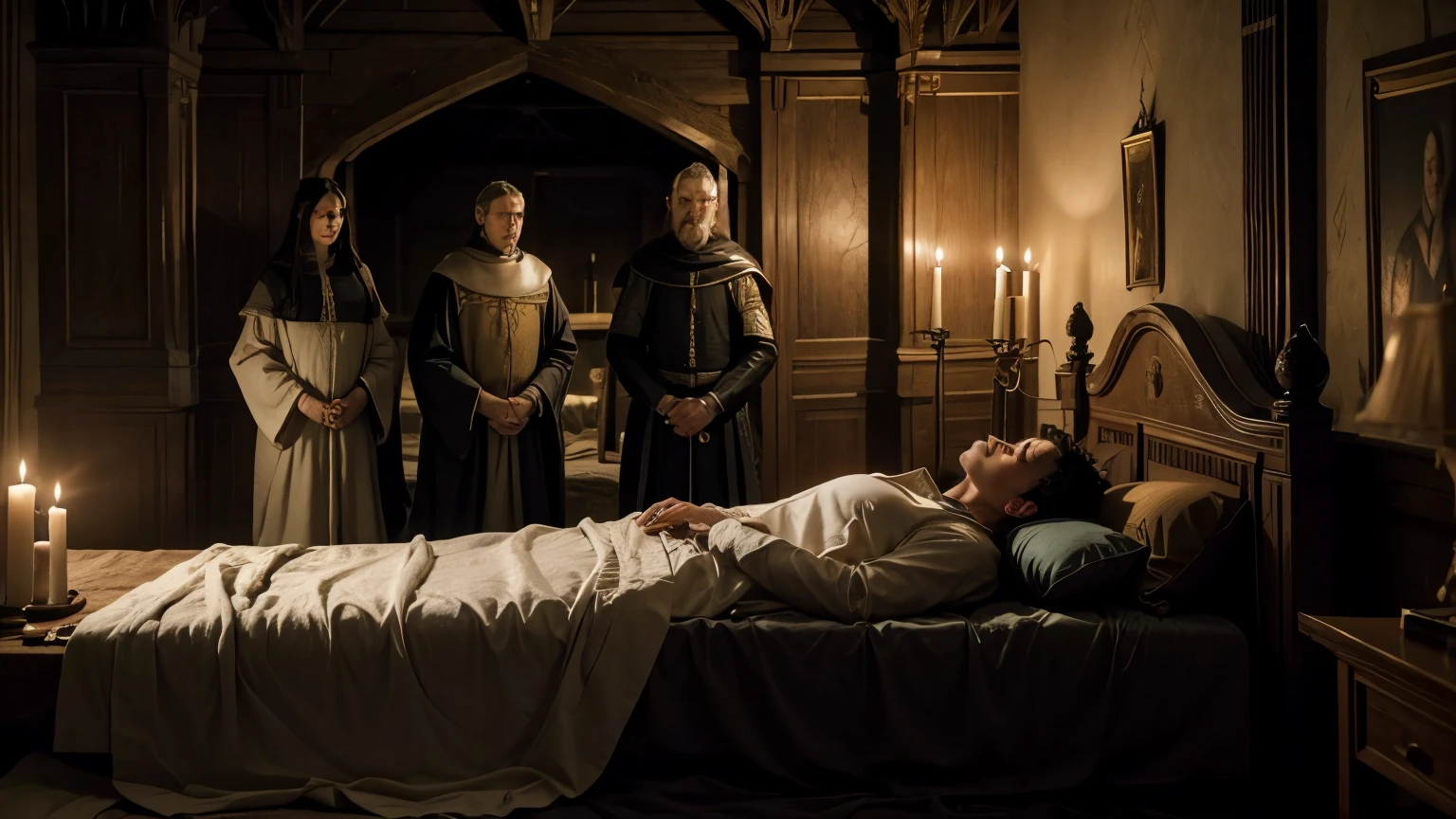 Generates an image of a king on his deathbed lying in bed in a medieval castle. He is surrounded by his family and advisors. The room is dark and the image reflects solemnity and sadness