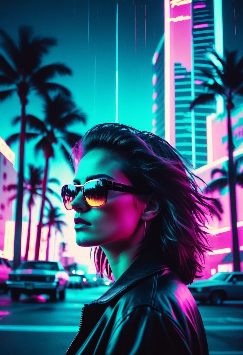 raw 8k, vhs glitch 80s movie, a woman middle shot, sunglasses, dystopian cityscape, neon, backlight, chromatic aberration, double exposition, film grain, retrofuturism, cyberpunk 2077, night, palm, miami,