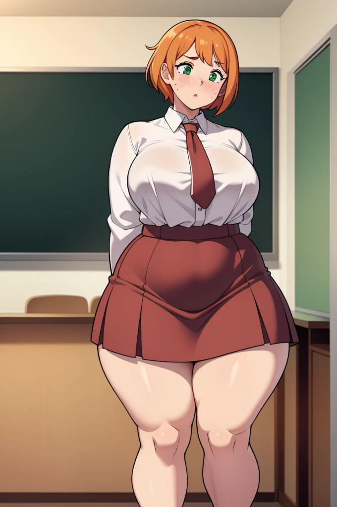 ((Masterpiece)), perfect anatomy, perfect shading, field of depth, (best quality), extremely delicate and beautiful, perfect lighting, detailed face, ultra cute face, cute, (cowboy shot 1.2), full body, (school classroom), (((1girls))), ((solo)) ((blush)), embarrassed, one girl has short orange hair, green eyes, freckles, medium breasts, thick thighs, wide hips, (chubby), arms behind back, white blouse, tie, (red pleaded skirt),