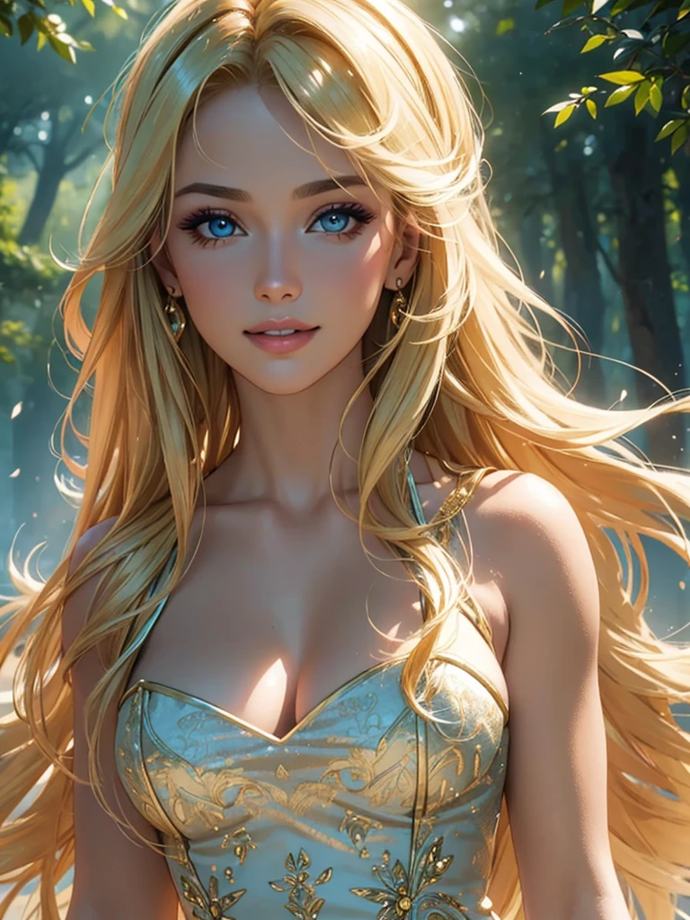 (Best quality,ultra detailed,Photorealistic:1.37),bright and rich colors,studio lighting,playful facial expression,stylish makeup,Long blonde hair fluttering in the wind,inviting eyes,glossy lips,sexy pose, Italy 2024, I smile confidently and seductively,posing for a professional photo shoot,shallow depth of field,highlighting the main subject,Soft natural light,Creating a dreamy and magical atmosphere.