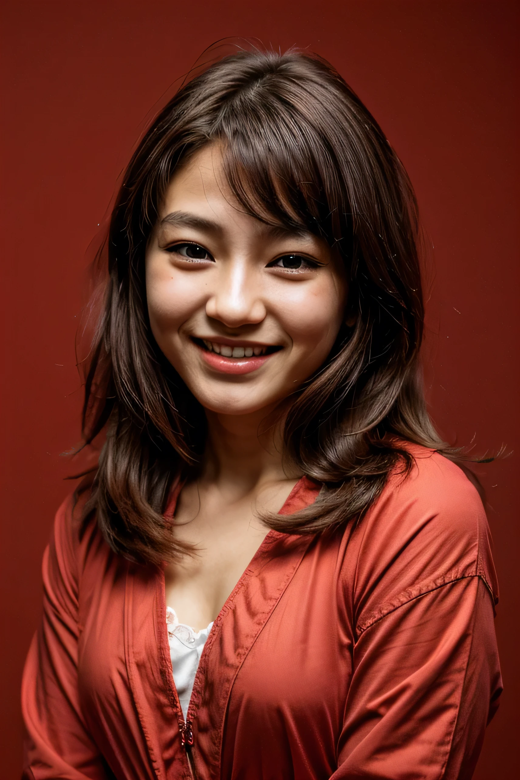 face perfect, beautiful face of a 14 year old Japanese , Smiling beautiful,in red background