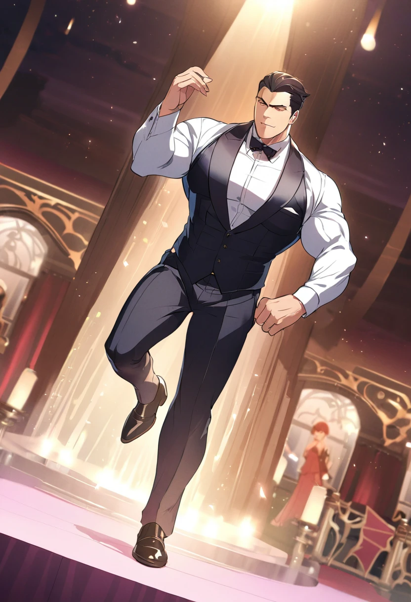 (Absurd, High resolution, Super detailed), 1 male, Adult, good looking, Tall and muscular man, Broad shoulders, Detailed drawn eyes、At the royal ball, Dancing gracefully, evening, formal, Wide-angle shot, Soft Ambient Lighting, character costume, Silky, elegant, anime style, attractive anime, pixiv fan art