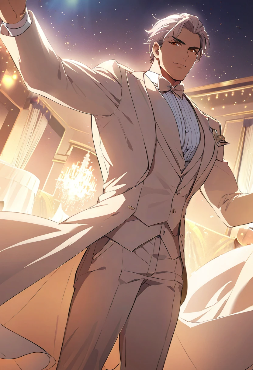 (Absurd, High resolution, Super detailed), 1 male, Adult, good looking, Tall and muscular man, Broad shoulders, Detailed drawn eyes、At the royal ball, Dancing gracefully, evening, formal, Wide-angle shot, Soft Ambient Lighting, character costume, Silky, elegant, anime style, attractive anime, pixiv fan art