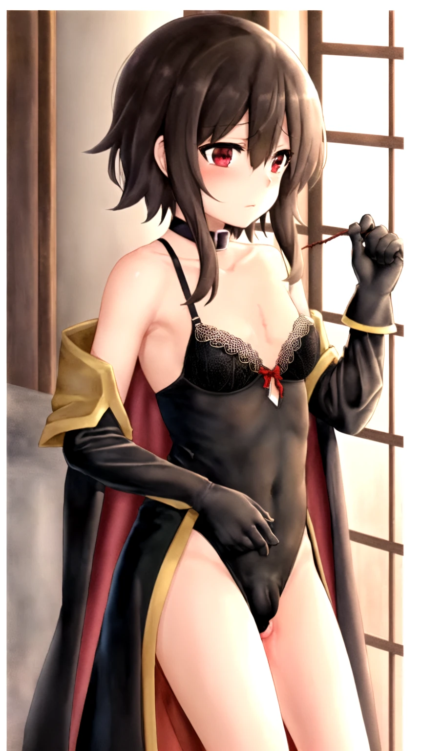 bunbun masterpiece, Highest quality, Black Bra、Megumin,reproductive action, mating female2name, nakedの肩, black Cape, Black gloves, Black Hair, Cape, choker, clavicle, dress, Hair between the eyes, have, Long sleeve, Watching the audience, Medium Hair, off-shoulder dress, Off the shoulder, red dress, Red eyes, Side Lock, , Indoors,(masterpiece), delicate, Very detailed, (watercolor), bloom, shape, (Bottom-up), (1name:1.4), (Tie 1'Legs with rope:1.8), (Beautiful Eyes, Shining Eyes, Purple Eyes), (Fluffy hair), photo shoot, Studio Quality, Fisheye Lens, (Highest quality, Dazzling Light, Blushed, Face of joy, It was fun, Glowing Skin, Very detailed), ( naked 、Thighs,chest1.8))((chest:1.8))From below, 黒色panties, 小さいpanties, Showing strange things), Sexy, (Detailed Background, Complex background, Japanese-style house, Japanese atmosphere), phRem, Blushed, (Perfect Face, Detailed face, Fine grain,Perfect hands,Perfect Fingers), Cowboy Shot, ((8K Wallpaper))((panties:1.8))((Cleavage:1.8))((Thighs:1.8))((Open your legs to the sides:1.8))((Pee:1.8))((:Grabbing nipples with hands 1.8))(Chasm inserts his penis:1.8))、、Sex.reproductive action