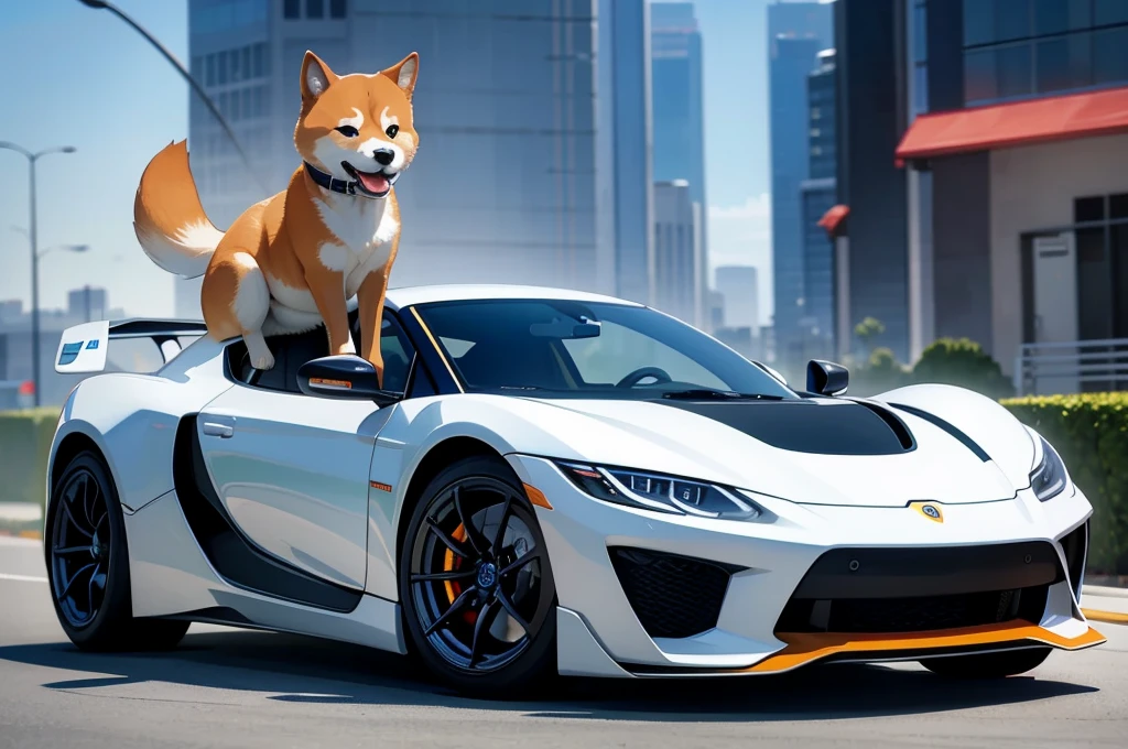 A cute shiba sitting on a hyper car