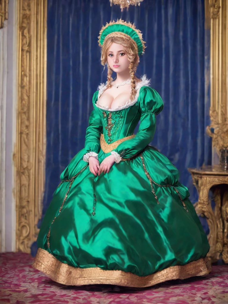 arafed woman in a green dress with a feathered headpiece, 1 7 th century duchess, dress in the style of rococo, inspired by Mary Beale, wearing a noblewoman's outfit, historical baroque dress, aristocratic clothing, georgian dress amazing fabric, rococo queen, in historic clothing, rococo dress, 1 8 th century style