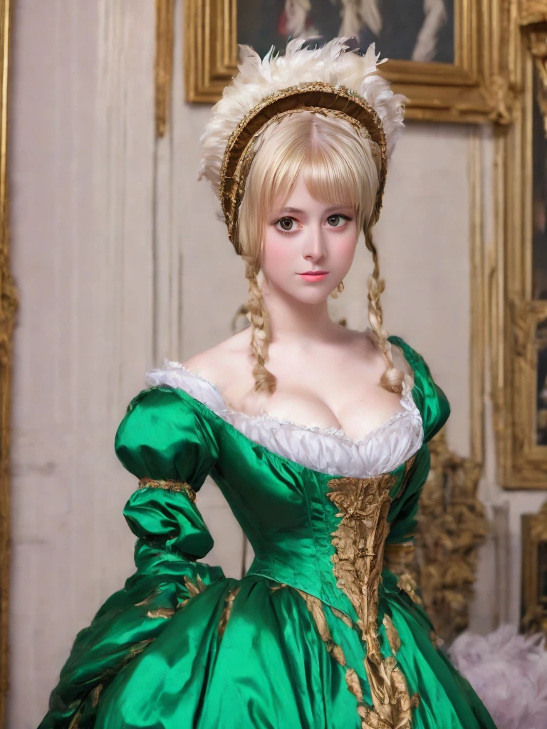 arafed woman in a green dress with a feathered headpiece, 1 7 th century duchess, dress in the style of rococo, inspired by Mary Beale, wearing a noblewoman's outfit, historical baroque dress, aristocratic clothing, georgian dress amazing fabric, rococo queen, in historic clothing, rococo dress, 1 8 th century style